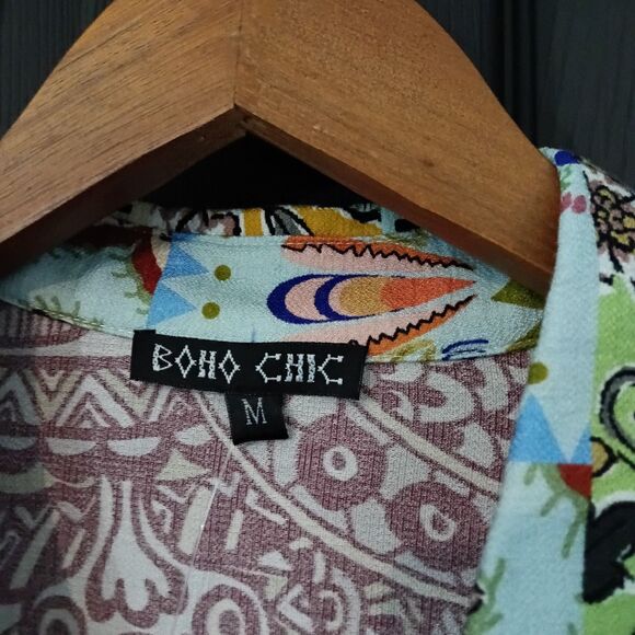 Boho Chic NWT Sz. M Multi Color Patchwork 3/4 Sleeve Button Up Blouse - Picture 4 of 16